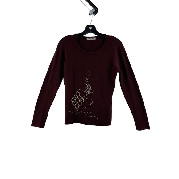 Intrama Italy Women's Burgundy Red Knit Long Sleeve Sweater Beaded Front Size M - Picture 2 of 10
